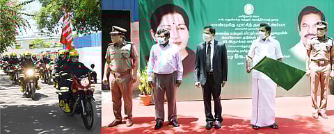 Chief Minister Edappadi K Palaniswami flagged off nine two wheelers fitted with special sprayers to disinfect narrow streets in the containment zones of Chennai