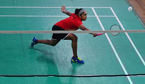 Tanvi Lad hits the court (Photo | Shriram BN)