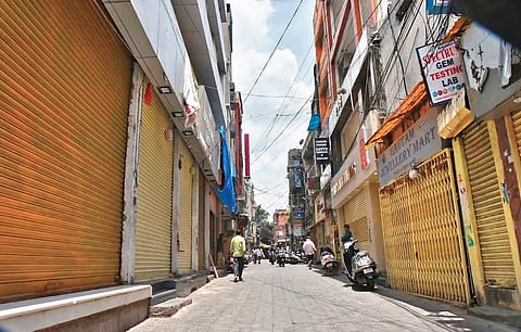 As the number of Covid-19 cases rise in the city, businesses shut shop at General Bazar in Secunderabad