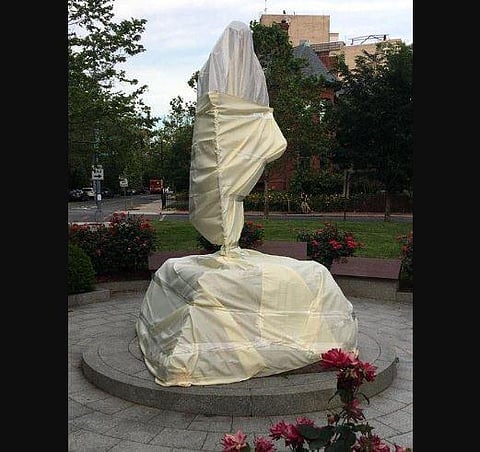 Mahatma Gandhi’s statue outside the Indian Embassy in Washington DC desecrated by unruly elements of #BlackLivesMatter protesters. (Photo | ANI)
