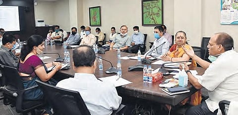 Chief Secretary Somesh Kumar and other officials at a meeting on Haritha Haram at BRKR Bhavan in Hyderabad on Thursday