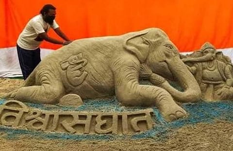 Ashok Kumar's sand art depicting the elephant who was killed in Kerala. (Photo | Express)
