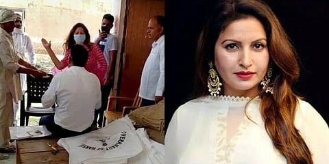 BJP leader Sonali Phogat slaps a market committee officer, alleging that he was using cuss words with a farmer during his visit to a grain market to hear their grievances, at Balsamand in Hisar. (Photo | PTI)