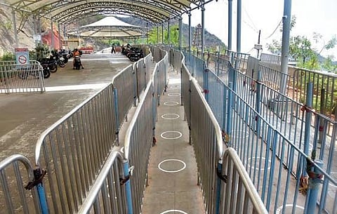 Markings to maintain social distance at Goddess Kanaka Durga temple in Vijayawada. Sanitisers are also arranged on the temple premises.