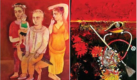 Sakti Burman’s ‘Gypsies’; (right) Paresh Maity’s untitled work