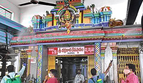 The Bhadrakali temple being sanitised a day before it opens for devotees, in Warangal