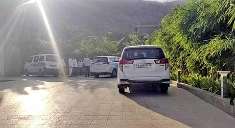 Vehicles outside a resort in Rajasthan where Gujarat Congress MLAs are kept to avoid poaching ahead of RS polls  |  B K Komal