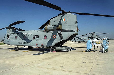 In this handout photo provided by Defense PRO on Monday June 8 2020 Airborne Rescue Pod for Isolated Transportation ARPIT being loaded in a Chinook heavy lift helicopter.  (Photo | PTI)