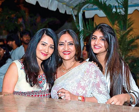 Dr Swarnalatha with her daughter Sree Leela (right) and actor Radhika Pandit