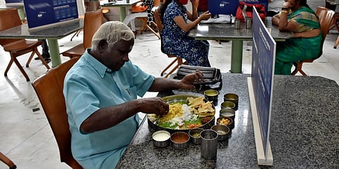 One of the customer having lunch at a hotel in Coimbatore on Monday. (Photo| U Rakesh Kumar, EPS)