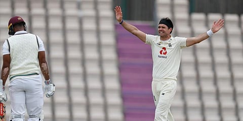 England's James Anderson reacts after bowling a delivery to West Indies' John Campbell during the second day of the first cricket Test match at the Ageas Bowl. (Photo | AP)