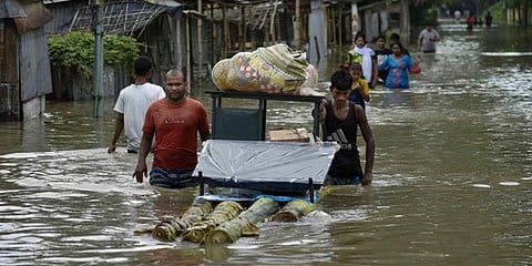 According to the Assam State Disaster Management Authority, over six lakh people are affected in 1,109 villages and localities across 20 of the state’s 33 districts. (Photo | PTI)