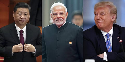 Chinese President Xi Jinping, Indian PM Narendra Modi and US President Donald Trump (Photos | AP)