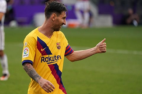 Barcelona's Argentinian forward Lionel Messi gestures during the Spanish league football match between Real Valladolid FC and FC Barcelona. (Photo | AFP)
