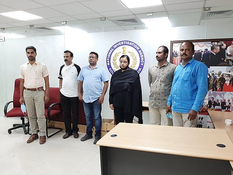 Accused Swapna Suresh and Sandeep Nair (both in middle) detained by National Investigation Agency from Bengaluru, Karnataka on Saturday. (Photo | Special Arrangement)