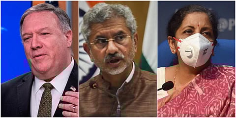 (From left) US Secretary of State Mike Pompeo, External Affairs Minister S Jaishankar and Finance Minister Nirmala Sitharaman. (File photos| PTI and AP)