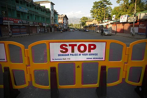 A barricade erected by police as part of measures to stop the spread of COVID-19 in Srinagar, Sunday, July 12, 2020. (Photo | AP)