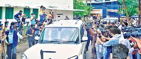 Key suspects in the gold smuggling case Swapna Suresh and Sandeep Nair, who were taken into custody in Bengaluru on Saturday, being brought to the NIA office in Kochi on Sunday. (Photo  |EPS/A Sanesh)