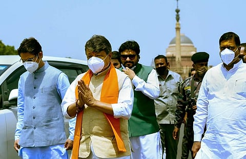 BJP in-charge for West Bengal Kailash Vijayvargiya with Union Minister Babul Supriyo and other leaders talks to the media after meeting the President at the Rashtrapati Bhawan regarding Bengal's law and order issue in New Delhi Tuesday July 14 2020. (Phot