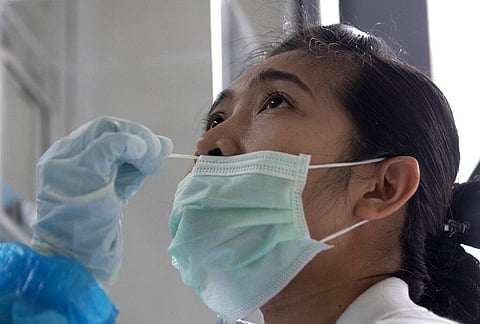 A health worker collects a nasal swab from a woman to test for the coronavirus in Rayong province , Thailand. (Photo | AP)