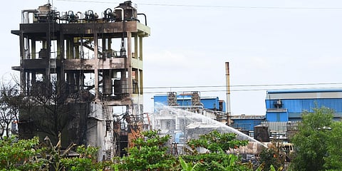 Firemen put off the fire after blast at Visakha Solvents Company at Paravada in Visakhapatnam on Tuesday. (File photo| EPS)