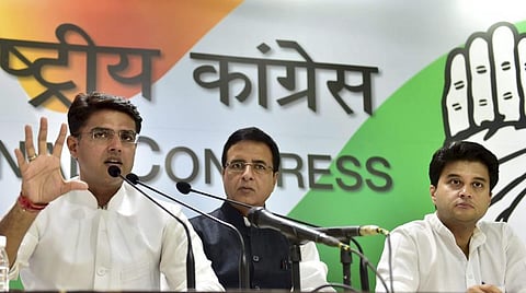 Congress leaders Sachin Pilot, Randeep Surjewala and Jyotiraditya Scindia at a press conference in New Delhi. (File Photo | PTI)
