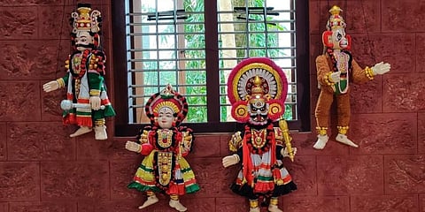 The puppets are a replica of real Yakshagana characters, with makeup, jewellery and costumes. The 18-inch tall puppets carved from wood cost around Rs 30,000 per piece. (Photo | EPS)