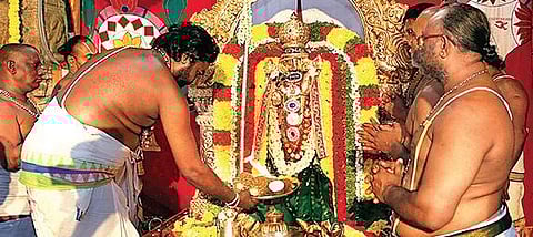 Preists performing puja to Sri Kalyana Venkateswara Swamy at Srinivasa Mangapuram in Tirupati. (File Photo | EPS)