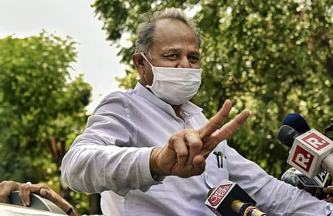 Rajasthan Chief Minister Ashok Gehlot addresses the media after visiting the State Governor at his residence in Jaipur Tuesday July 14 2020. (Photo | PTI)