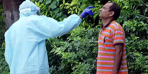 A health worker wearing PPE kit collects the swab sample of a man for COVID-19 test at a collection centre, during the lockdown, in Patna.  (File photo| ANI)