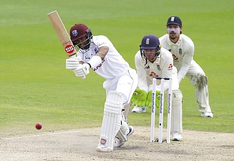 West Indies' Shai Hope during the fourth day of the second cricket Test match between England and West Indies at Old Trafford in Manchester, England, Sunday, July 19, 2020. (Photo | AP)