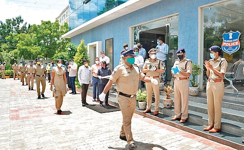 Rachakonda Commissioner Mahesh Bhagwat gives a warm welcome to Covid-recovered police personnel who joined duties
