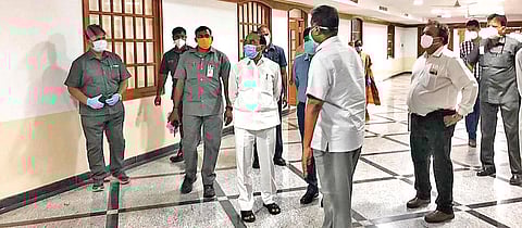 Health Minister Eatala Rajender inspecting a private hospital in Hyderabad on Wednesday