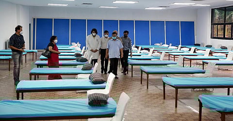 Delhi CM Arvind Kejriwal and Deputy CM Manish Sisodia visits Commonwealth Games Village (CWG) indoor stadium converted into a Covid care centre in New Delhi. (Photo | Shekhar Yadav, EPS)