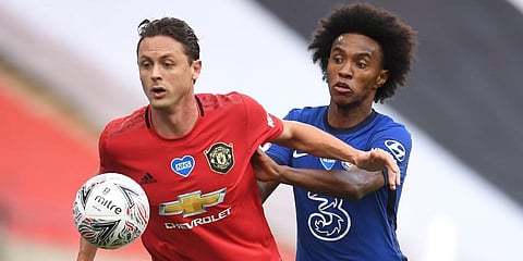 Chelsea's Willian, right, challenges Manchester United's Nemanja Matic during the English FA Cup semifinal match at Wembley Stadium in London. (Photo | AP)