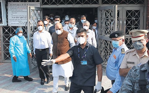 Union Home Minister Amit Shah during his visit at LNJP hospital to review Covid preparedness in Delhi. (EPS | SHEKHAR YADAV)