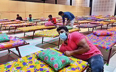 With Covid-19 spread entering the third stage in Thiruvananthapuram, a full-fledged Covid hospital has come up at the Greenfield Stadium. As many as 300 beds are ready in the stadium complex. (Photo | Vincent Pulickal, EPS)