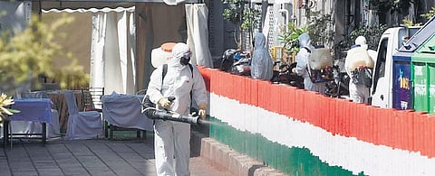 A man disinfecting the Nizamuddin Markaz after the Tablighi Jamaat congregation. (File Photo)