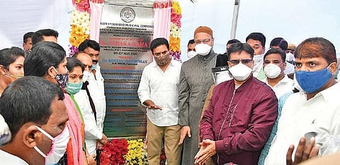 MAUD Minister KT Rama Rao lays the foundation stone for the elevated corridor from Nalgonda X-road to Owaisi Junction in Hyderabad on Thursday