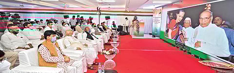 Telangana Congress leaders at the birth centenary celebrations of former Prime Minister PV Narasimha Rao at Gandhi Bhavan in Hyderabad on Friday