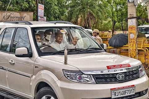 Rajasthan Chief Minister Ashok Gehlot leaves from a hotel in Jaipur Saturday July 25 2020. (Photo | PTI)