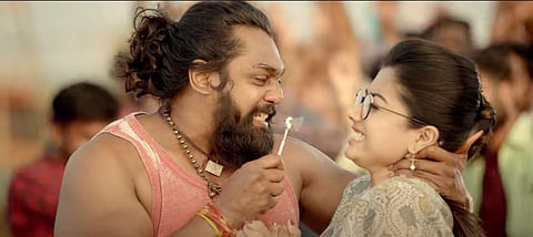Dhruva Sarja and Rashmika in a still from Karabuu song. (photo| YouTube screengrab)