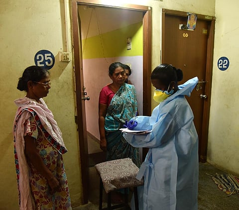 Health workers checking people door to door to prevent the Covid infection at Chintadripet, in Chennai on Wednesday. (Photo | R Satish Babu, EPS)