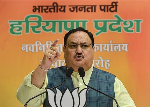 BJP President JP Nadda addresses during virtual inauguration of newly constructed Haryana BJP offices from party headquarters in New Delhi on Monday. (Photo | PTI)