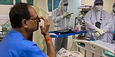 Madhya Pradesh CM Shivraj Singh Chouhan at Chirayu Hospital in Bhopal. (Photo | PTI)