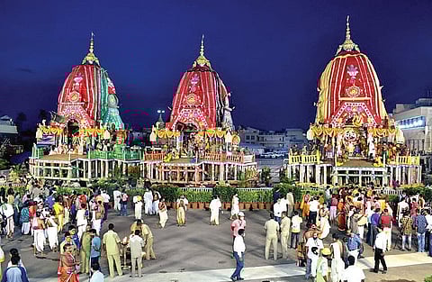 The Trinity donning the golden attire atop their chariots in Puri> (Photo| EPS)