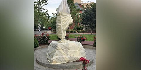 Statue of Mahatma Gandhi outside the Indian embassy in Washington. (Photo | Twitter)