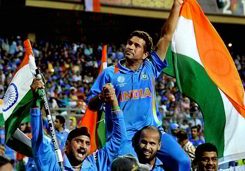 Sachin Tendulkar being carried by teammates after India won the 2011 ICC Cricket World Cup. (File Photo | PTI)