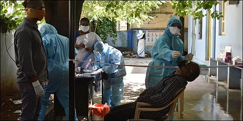 People undergo tests for COVID-19 at the Fever Hospital in Hyderabad on Wednesday. (Photo| RVK Rao, EPS)