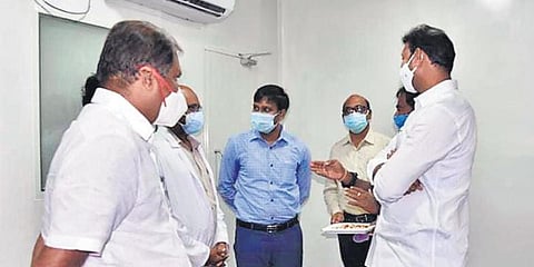 Government Chief Whip G Srikanth Reddy, MP YS Avinash Reddy and District Collector C Harikiran go round the ICU at RIMS in Kadapa on Thursday. (Photo| EPS)